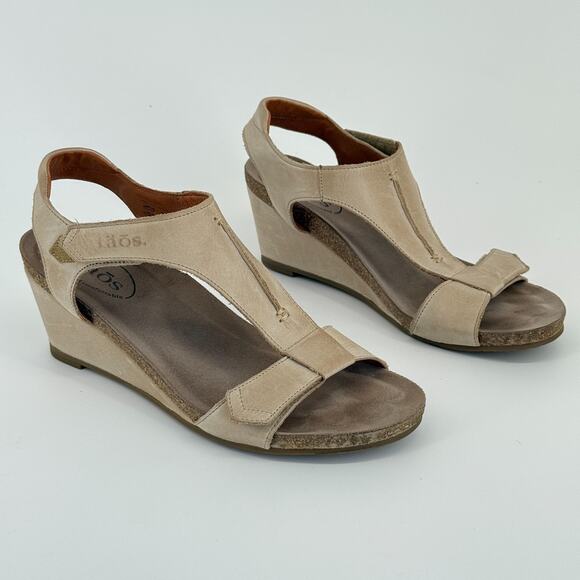Taos Shoes - Taos Wedge Sandals Beige Leather Comfort Cork Hook Loop Casual Size 9.5 EU 40
